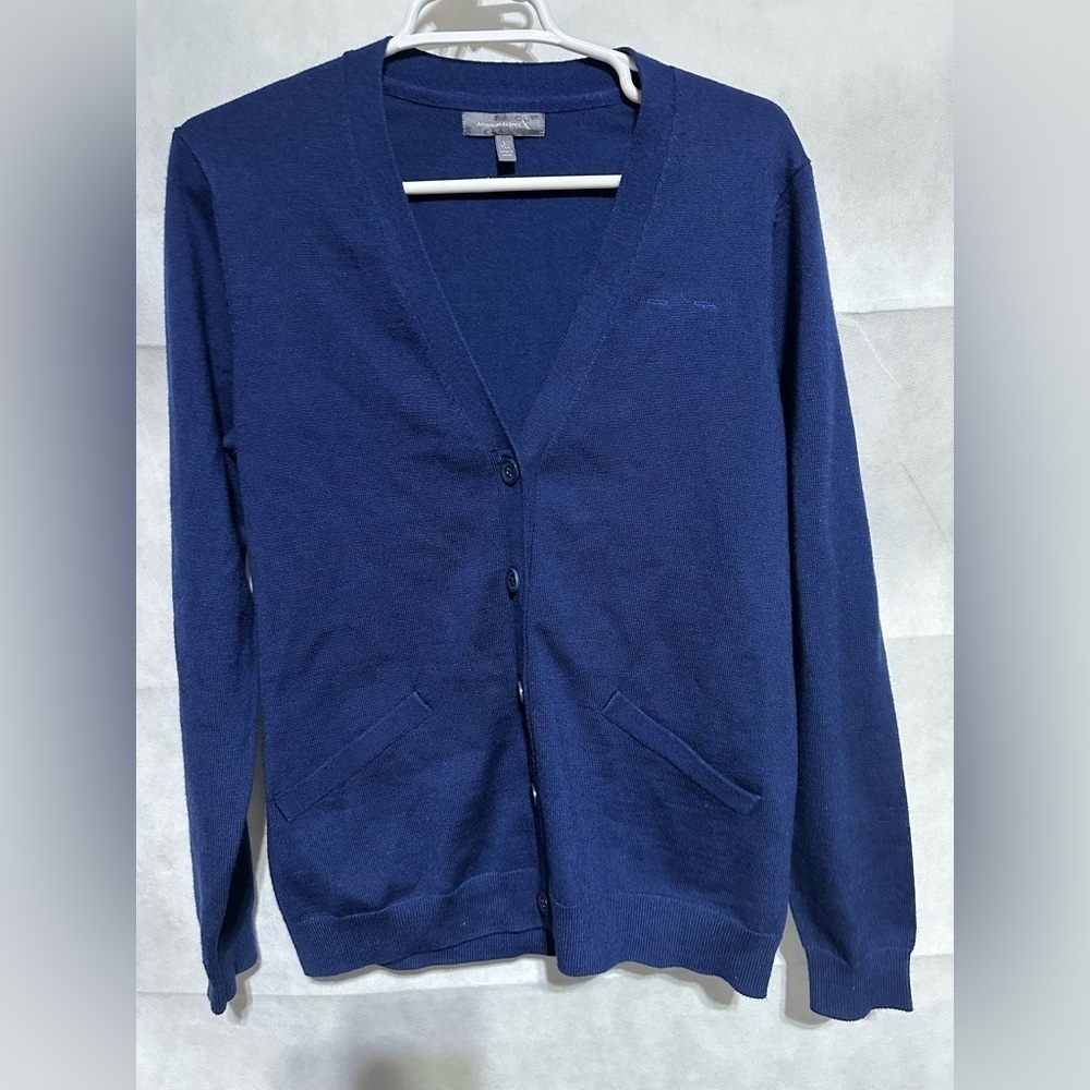 VTG American Airlines Navy Blue Button Cardigan Sweater Wool Blend Size L Tall